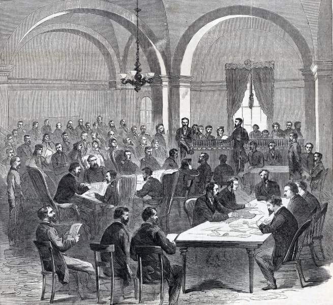 Wirz Trial Courtroom, Washington, D.C., September 1865, artist's impression, zoomable image