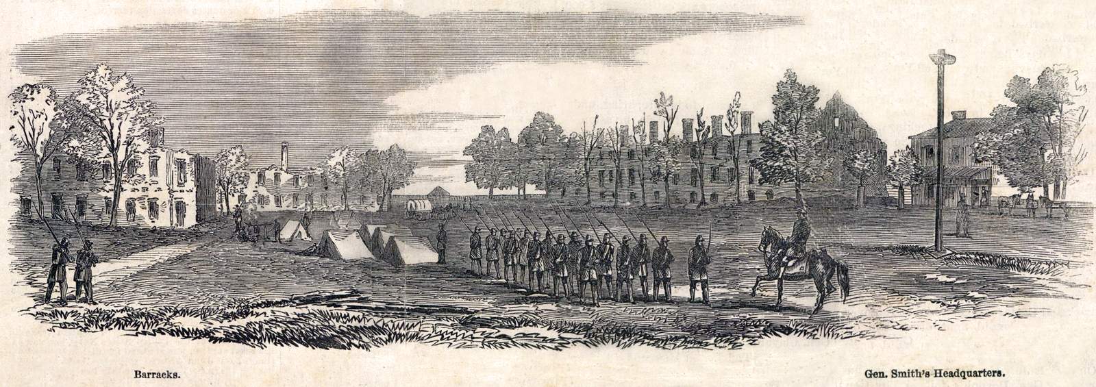 Ruins of Carlisle Barracks, Carlisle, Pennsylvania, July 1863, artist's impression, zoomable image