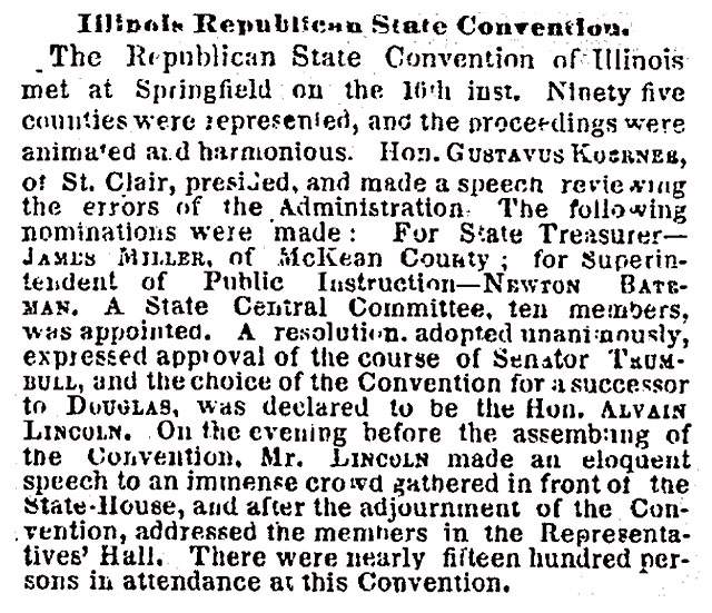"Illinois Republican State Convention," New York Times, June 21, 1858