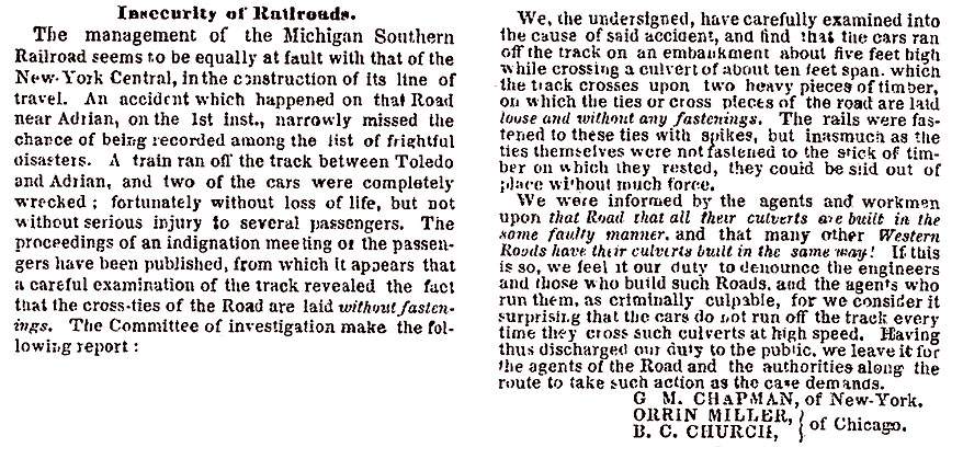"Insecurity of Railroads," New York Times, June 10, 1858