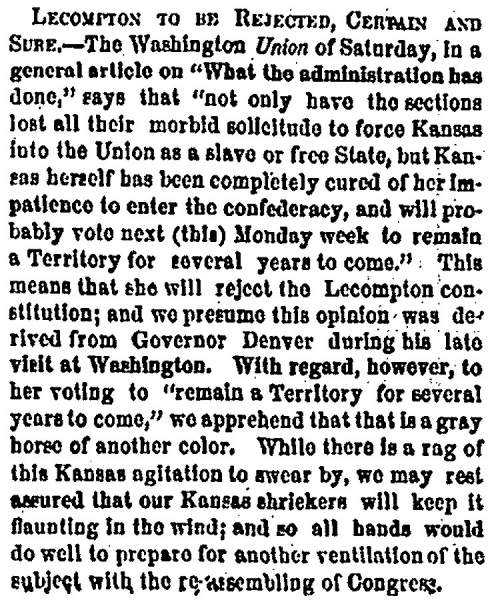 "Lecompton to be Rejected," New York Herald, July 26, 1858