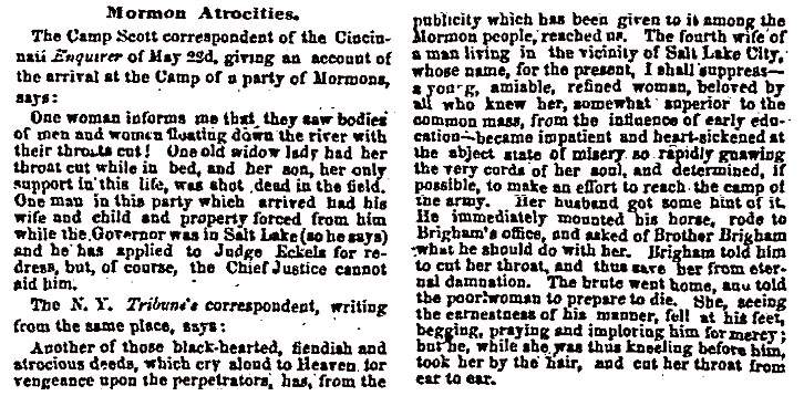 "Mormon Atrocities," Chicago (IL) Press and Tribune, July 3, 1858
