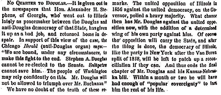 “No Quarter to Douglas,” New York Herald, August 30, 1858