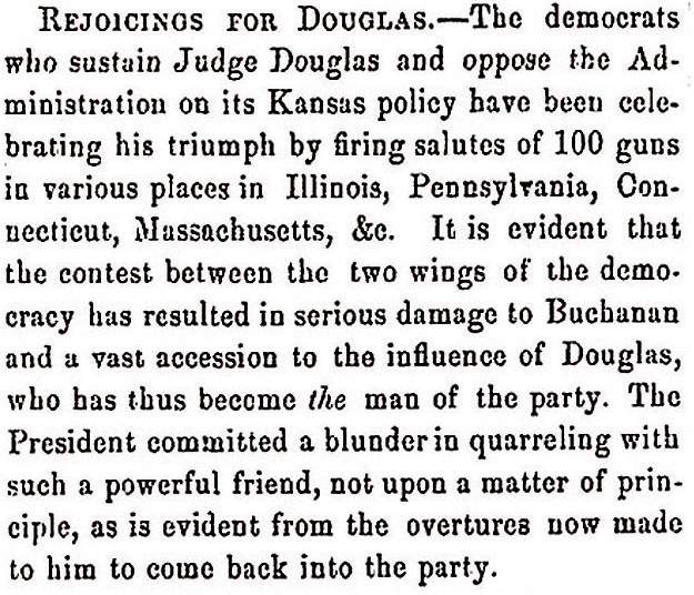 “Rejoicing for Douglas,” Fayetteville (NC) Observer, November 11, 1858