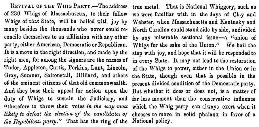 “Revival of the Whig Party,” Fayetteville (NC) Observer, November 8, 1858