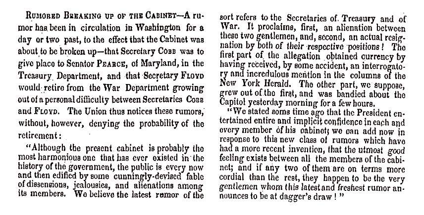 “Rumored Breaking Up of the Cabinet,” Charleston (SC) Mercury, June 18, 1858