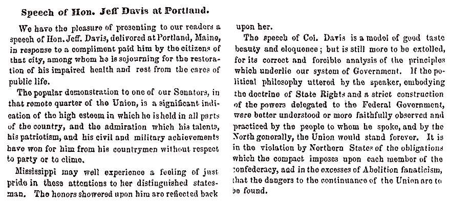 "Speech of Hon. Jeff Davis at Portland," (Jackson) Mississippian, July 27, 1858