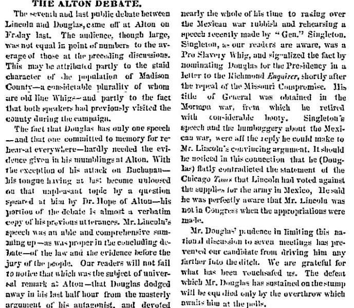 “The Alton Debate,” Chicago (IL) Press and Tribune, October 18, 1858