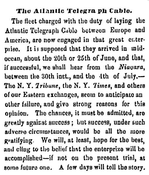"The Atlantic Telegraph Cable," Milwaukee (WI) Sentinel, June 29, 1858