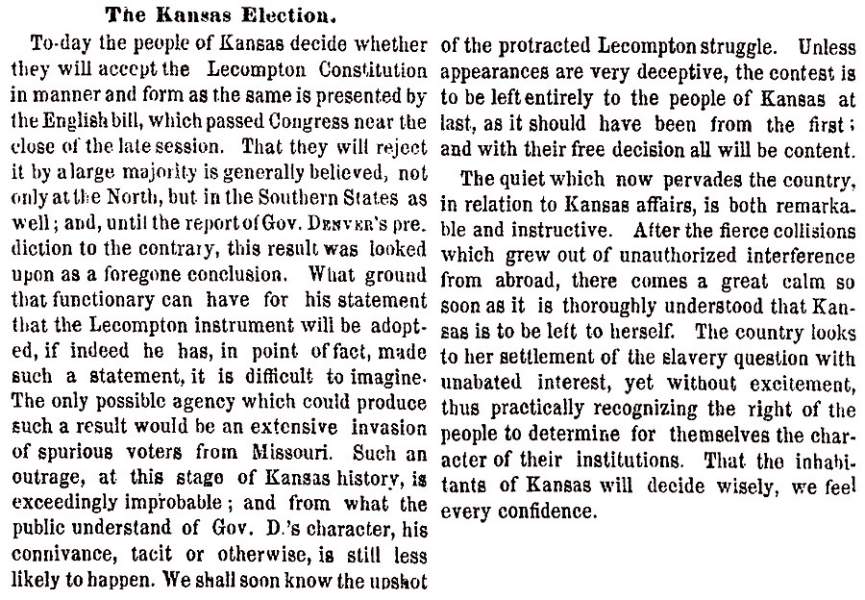 “The Kansas Election,” New York Times, August 2, 1858