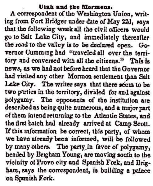 “Utah and the Mormons,” Philadelphia (PA) North American and United States Gazette, June 26, 1858