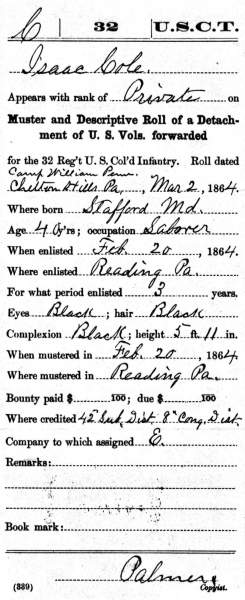 Union Private Isaac Cole, Military Service Records, Muster and Descriptive Roll