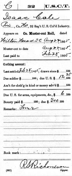 Union Private Isaac Cole, Military Service Records, Company Muster-Out Roll