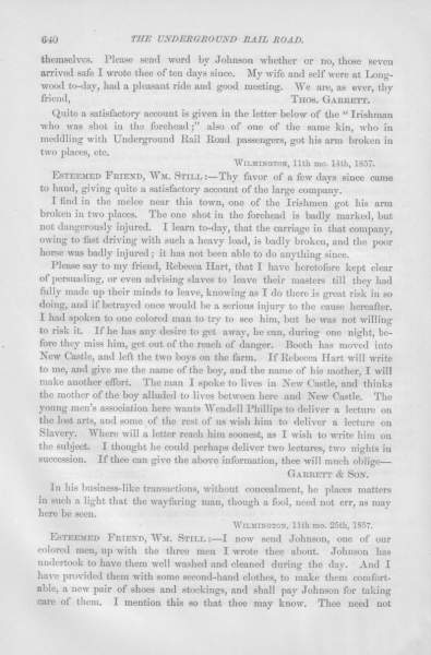 Thomas Garrett to William Still, November 14, 1857