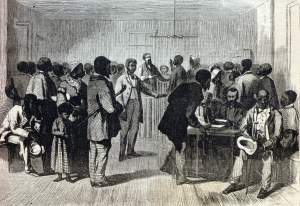 Court in session, Freedmen's Bureau offices, Richmond, Virginia, summer 1866, artist's impression.