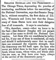 “Senator Douglas and the Presidency,” Fayetteville (NC) Observer, December 24, 1855