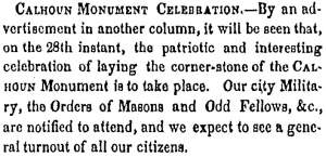 “Calhoun Monument Celebration,” Charleston (SC) Mercury, June 8, 1858