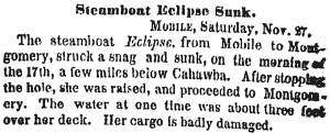 “Steamboat Eclipse Sunk,” New York Times, November 29, 1858