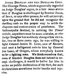 “Judge Douglas and the Duelling [Dueling] Code,” Memphis (TN) Appeal, January 11, 1859