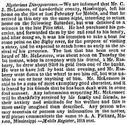 “Mysterious Disappearance,” Charleston (SC) Courier, March 24, 1859
