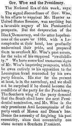 “Gov. Wise and the Presidency,” Ripley (OH) Bee, April 16, 1859