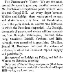 “The President’s Visit,” Fayetteville (NC) Observer, June 6, 1859
