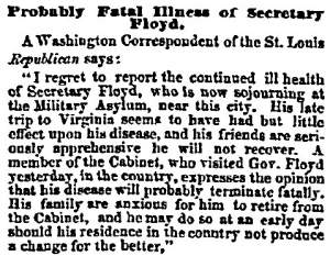 “Probably Fatal Illness of Secretary Floyd,” Chicago (IL) Press and Tribune, July 6, 1859
