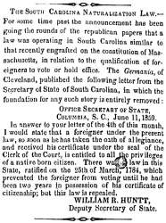 “The South Carolina Naturalization Law,” Charleston (SC) Mercury, July 12, 1859