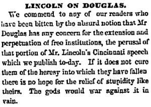 “Lincoln on Douglas,” Chicago (IL) Press and Tribune, September 21, 1859
