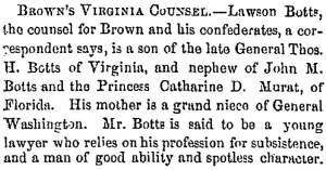 “Brown’s Virginia Counsel,” Raleigh (NC) Register, November 9, 1859