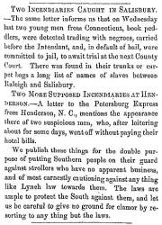 "Two Incendiaries Caught in Salisbury," Fayetteville (NC) Observer, November 28, 1859