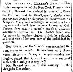 "Gov. Seward and Harpers Ferry," Fayetteville (NC) Observer, December 8, 1859