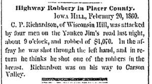 “Highway Robbery in Placer County,” San Francisco (CA) Bulletin, February 20, 1860