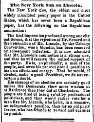 “The New York Sun on Lincoln,” Chicago (IL) Press and Tribune, May 28, 1860