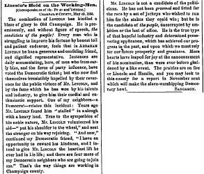 “Lincoln’s Hold on the Working-Men,” Chicago (IL) Press and Tribune, May 30, 1860