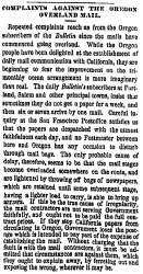 "Complaints Against the Oregon Overland Mail," San Francisco (CA) Evening Bulletin, November 30, 1860