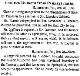 “Cabinet Rumors from Pennsylvania,” New York Herald, January 1, 1861