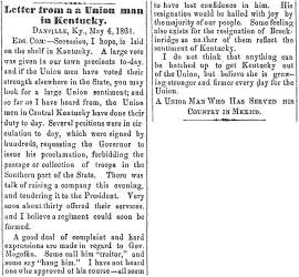 “Letter from a Union man in Kentucky,” Ripley (OH) Bee, May 16, 1861
