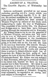 “Arrest of a Traitor,” Raleigh (NC) Register, August 14, 1861