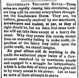 “Confederate Treasury Notes,” New Orleans (LA) Picayune, August 25, 1861