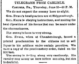 “Telegrams From Carlisle,” New York Times,  June 26, 1863