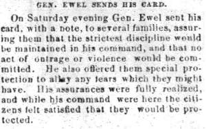 "Gen. Ewel [EWELL] Sends His Card," Carlisle (PA) Herald, July 10, 1863