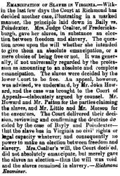 "Emancipation of Slaves in Virginia," Cleveland (OH) Herald, June 16, 1858