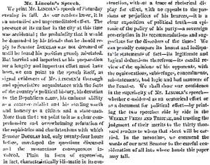 "Mr. Lincoln's Speech," Chicago (IL) Press and Tribune, July 12, 1858
