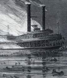 The river steamer "Sultana" burning on the Mississippi River, April 27, 1865, artist's impression, further detail