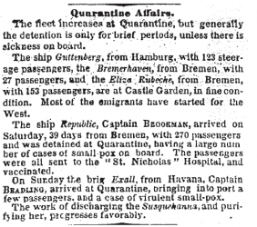 "Quarantine Affairs," New York Times, June 30, 1858