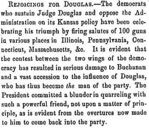 “Rejoicing for Douglas,” Fayetteville (NC) Observer, November 11, 1858