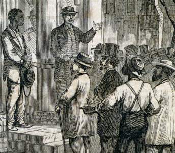 "Selling a Freedman to Pay his Fine," Monticello, Florida, December 1866, artist's impression, further detail.