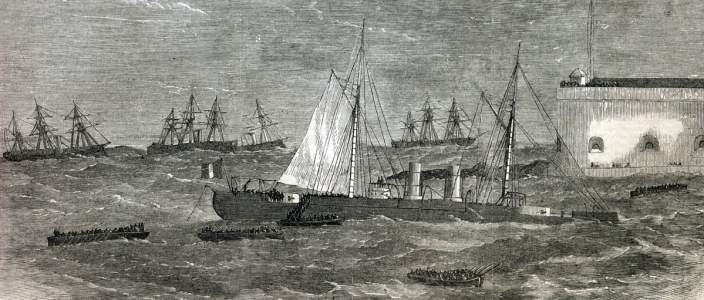 Sinking of the war-damaged Italian warship "Affondatore," in Ancona Harbor, Italy, August 6, 1866, artist's impression.