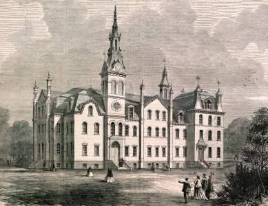 Planned building for the Minnesota State Normal School, now Winona State University, Winona, Minnesota,1867 (completed 1869), artist's impression.